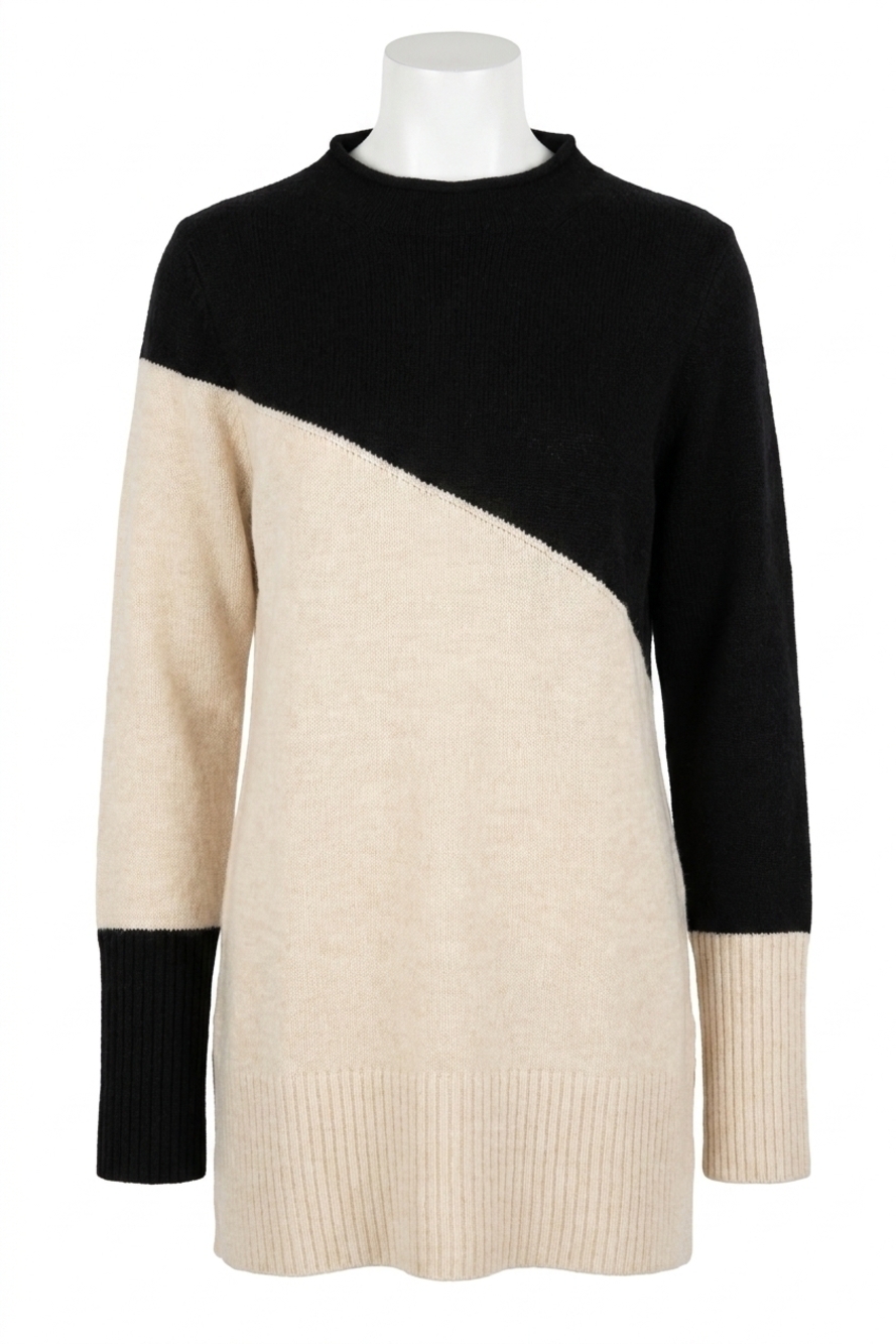 NEW HABITAT yin yang color block funnel neck sweater in black and white